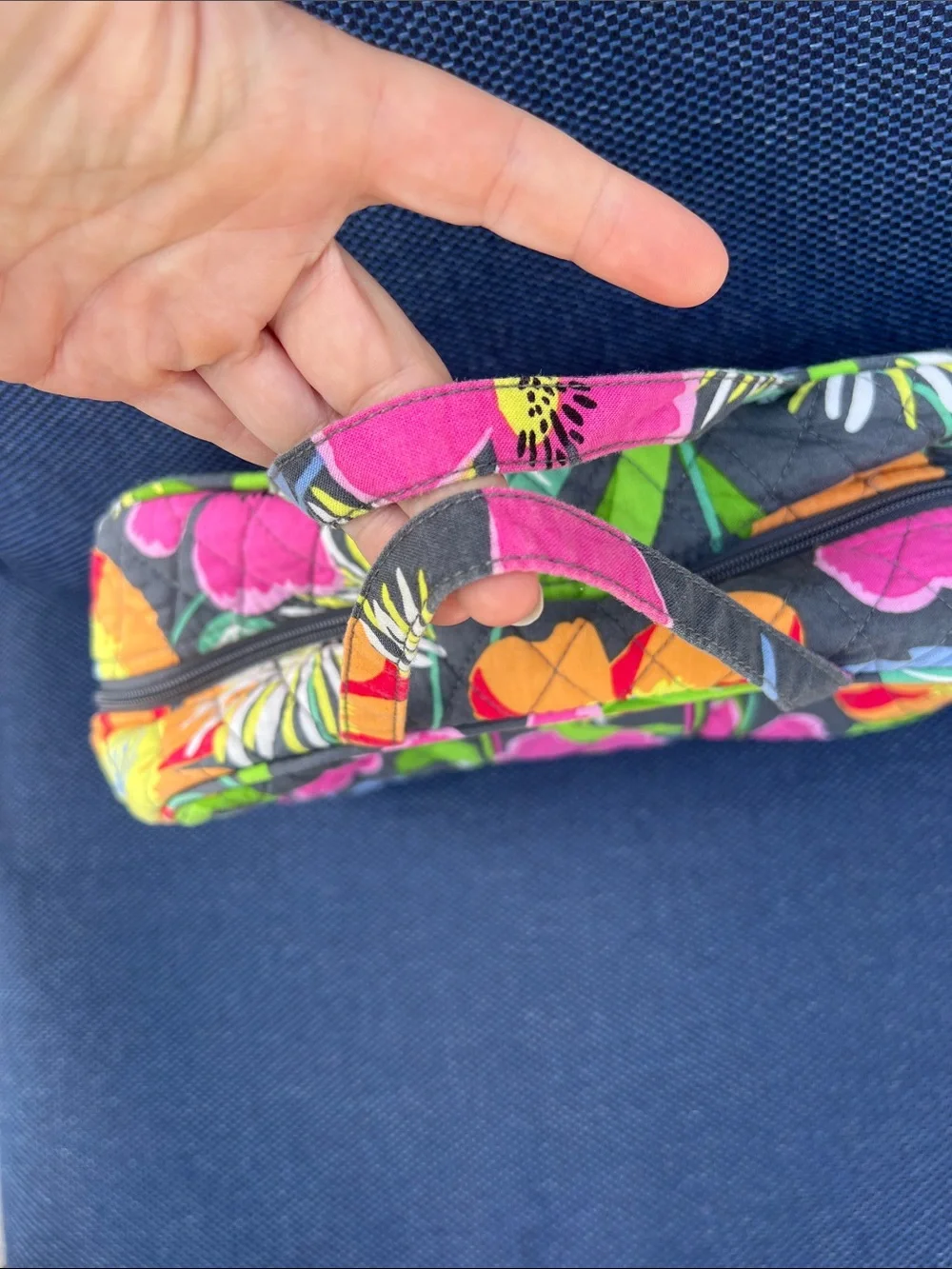 Vera Bradley Gray Quilted Cosmetic Bag with Pink, Orange & Green Floral Print